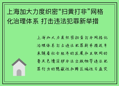 上海加大力度织密“扫黄打非”网格化治理体系 打击违法犯罪新举措